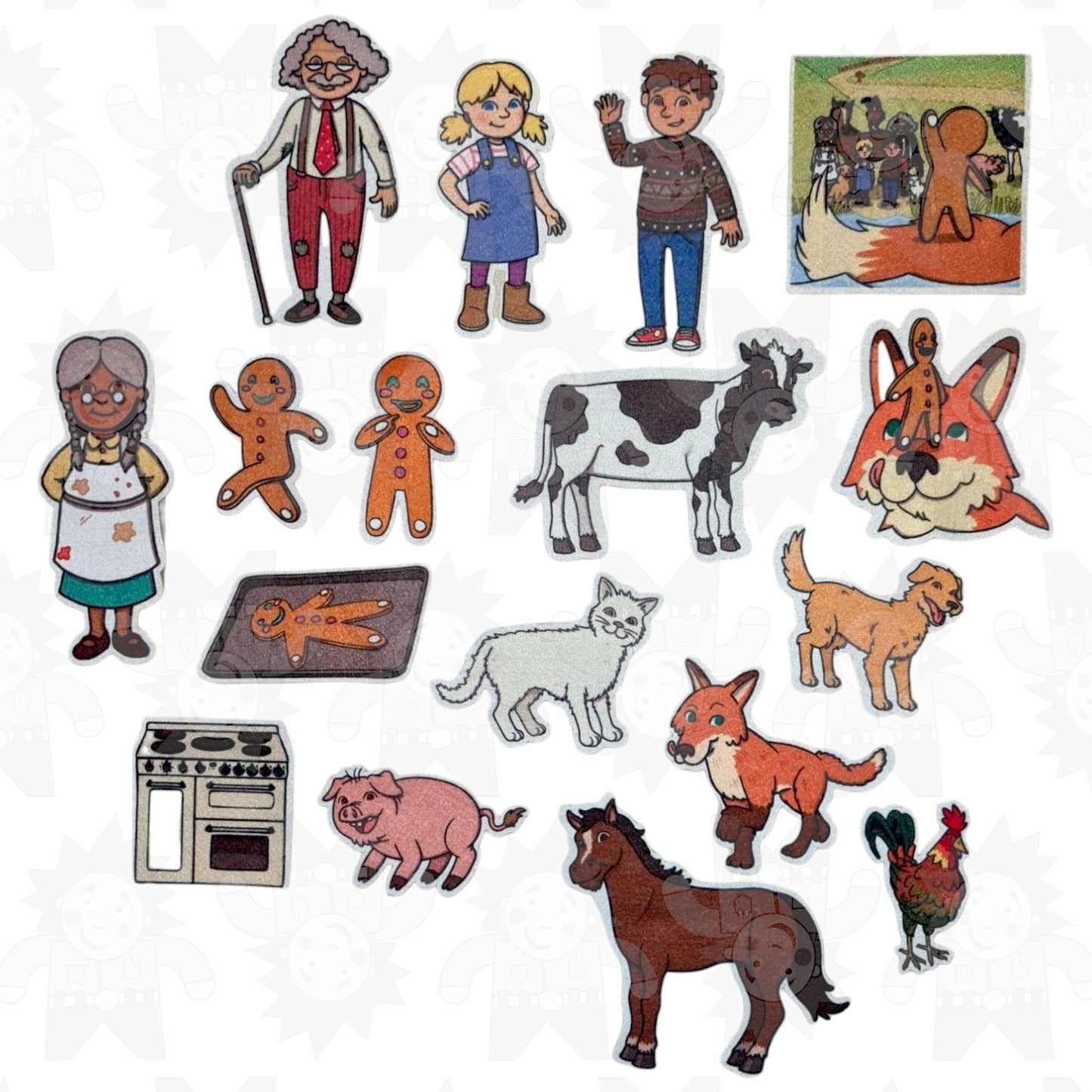 A collection of felt storybook characters including a gingerbread man, a cow, a fox, and others.