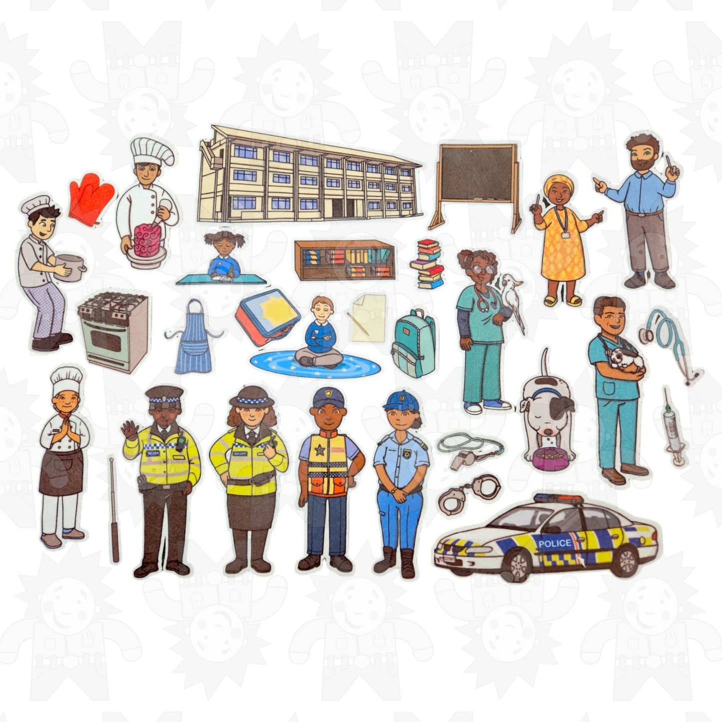Assorted felt pieces depicting various occupations, including a chef, teacher, police officers, and a doctor, along with props like a chalkboard, medical equipment, and a police car.
