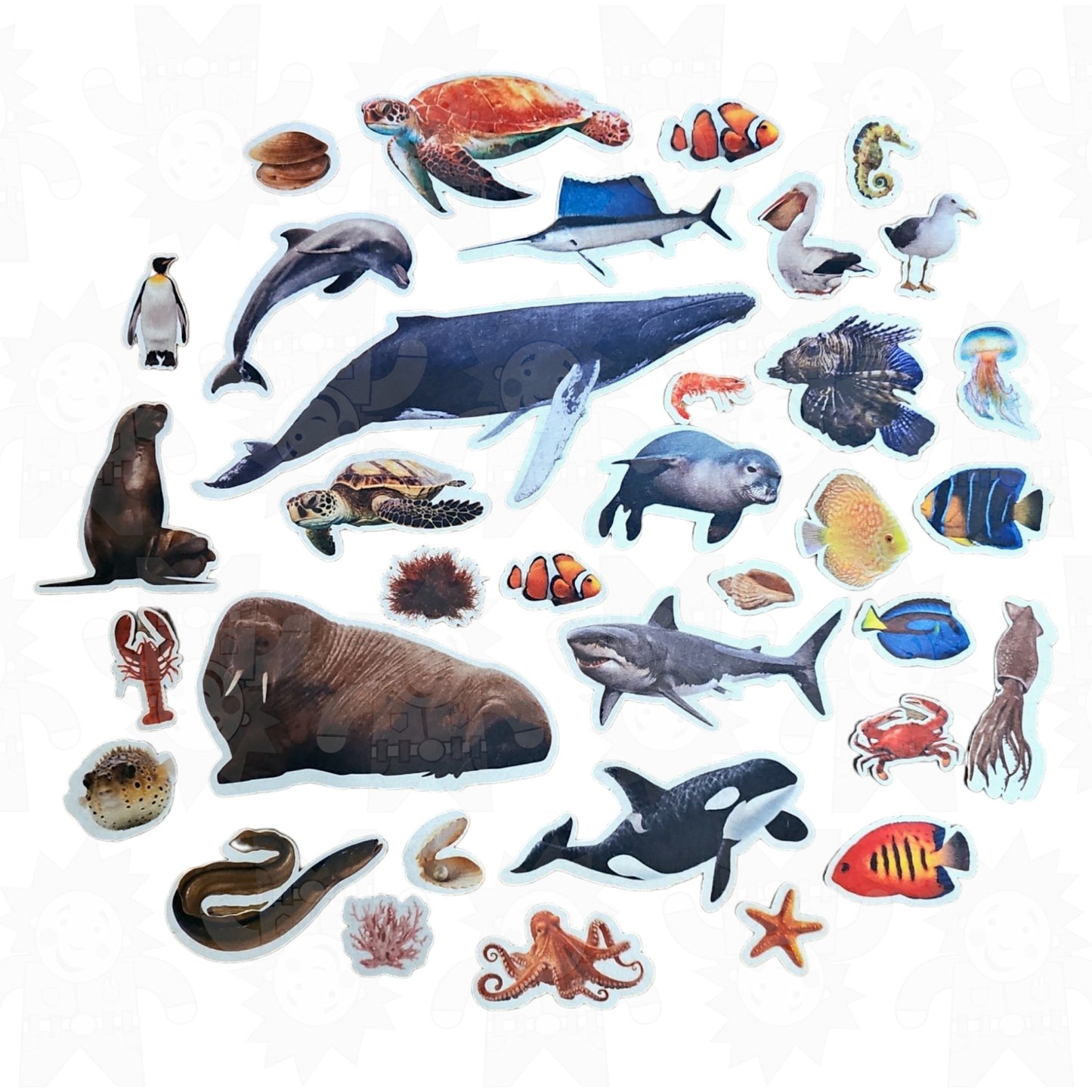 A collection of colorful felt sea animals, including representations of fish, a shark, a whale, and other marine creatures.