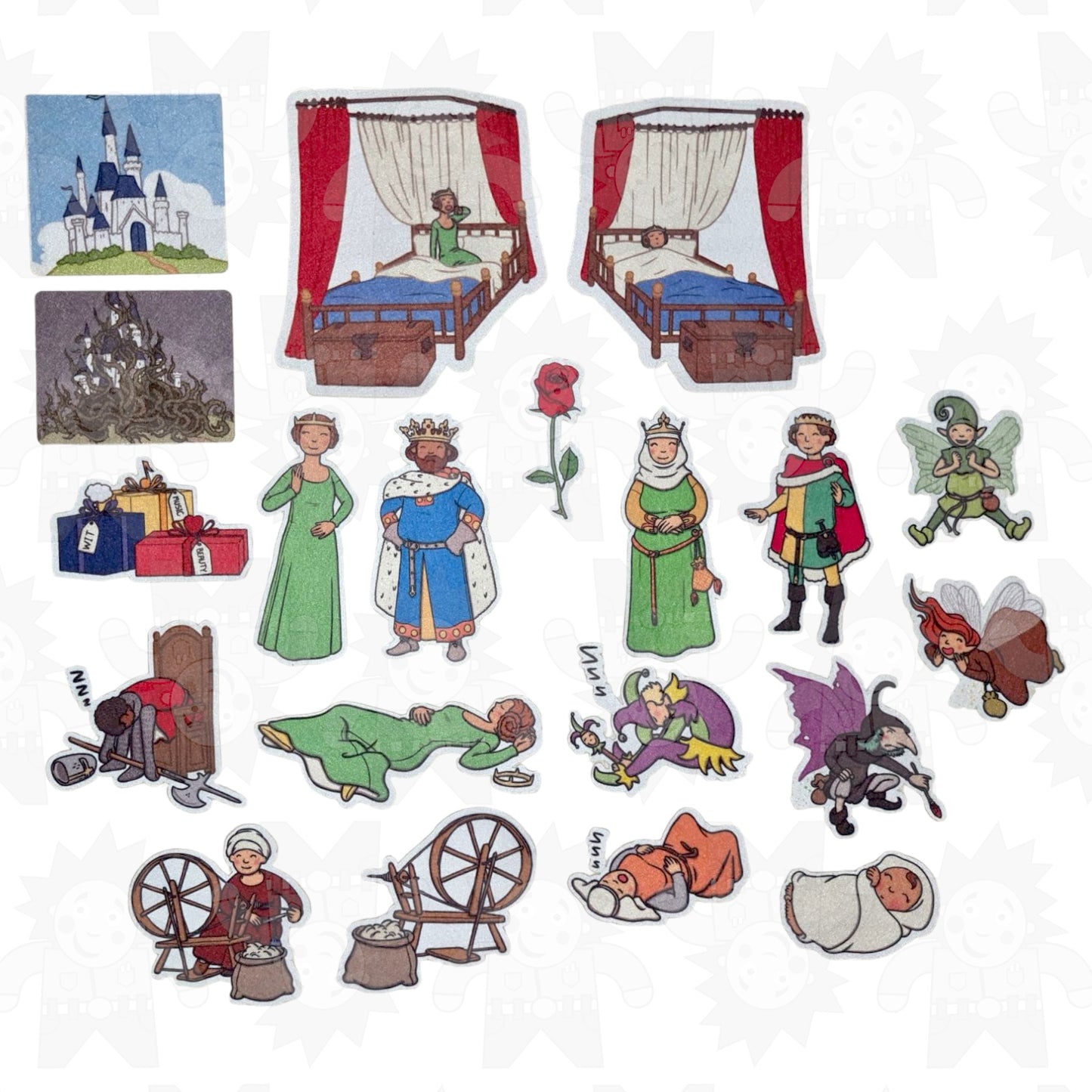 A collection of colorful felt pieces depicting characters and scenes from the fairy tale Sleeping Beauty.