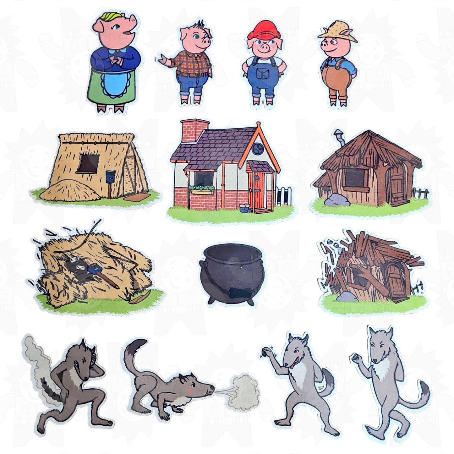 Assorted felt pieces representing characters and scenes from the Three Little Pigs story, including pigs, a wolf, and houses.