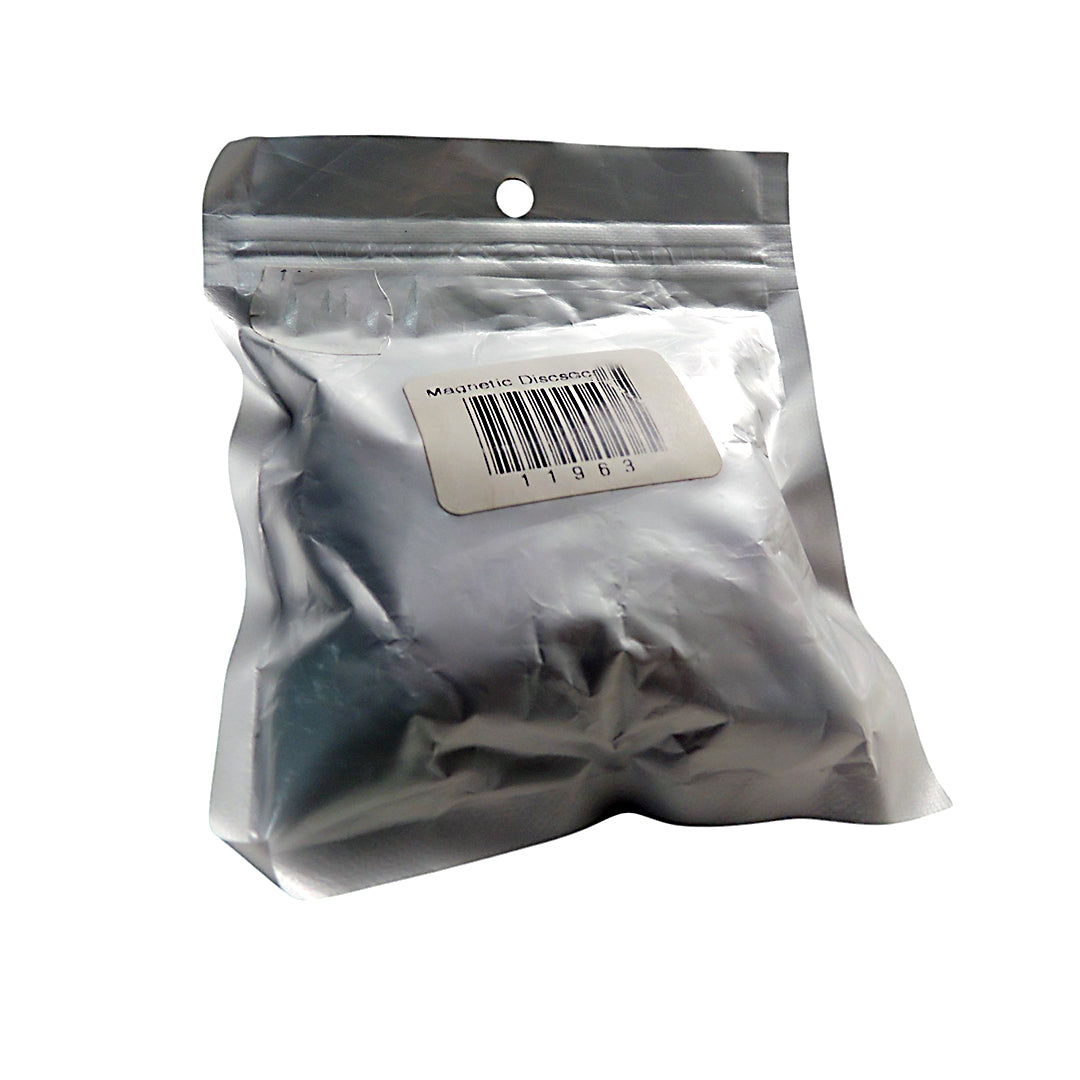 A clear plastic bag containing multicolored magnetic discs.