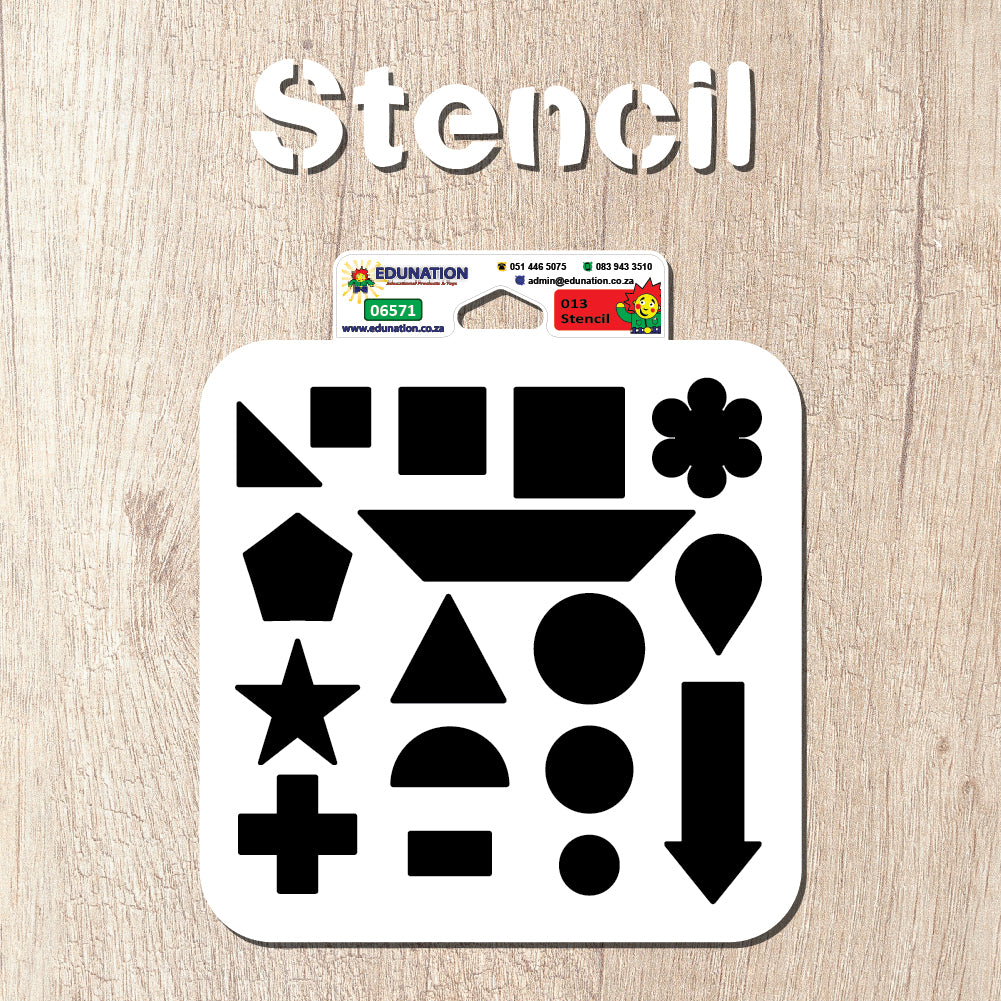A white plastic stencil with various shapes including star, circle, and rectangle, designed for arts and crafts.
