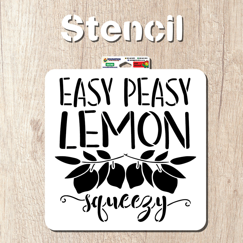 A square white stencil with black text and design elements