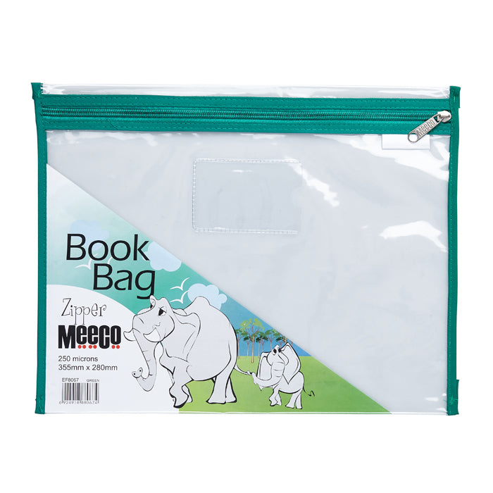 Book Bag Zipper - Clear with zip - A4 - Green 250 micron 355mmx280mm