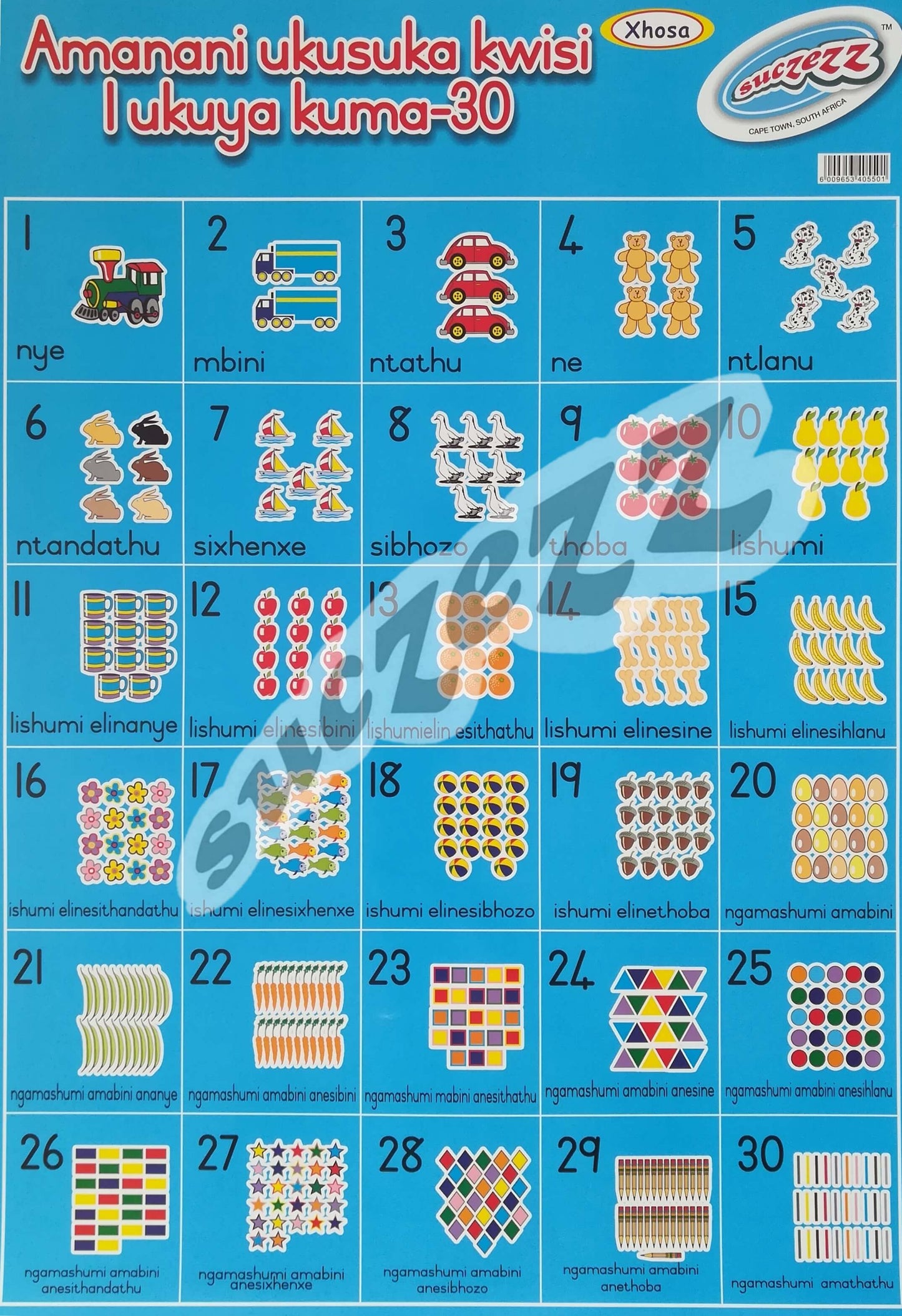 Poster - Amanani Ukusuka Kwisi 1 Ukuyu Kuma 30 (Numbers 1-30) - Xhosa