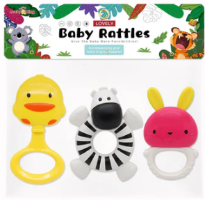 Three baby rattles with animal designs