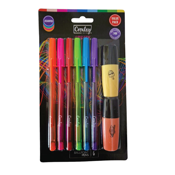 Ballpoint Pen 6's + 2 Mini Highlighter - Croxley 1