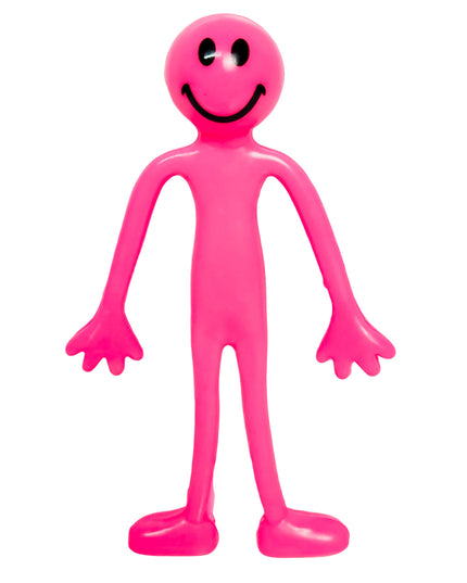 A pink smiling toy figure with a simple design, featuring a round head, stick arms, and legs.