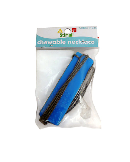 A blue chewable necklace block with a textured surface designed to be worn around the neck