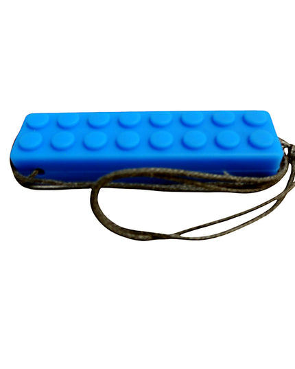 A blue chewable necklace block with a textured surface designed to be worn around the neck
