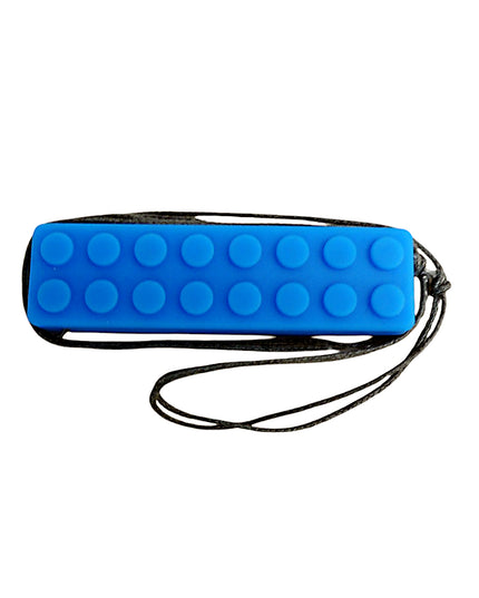 A blue chewable necklace block with a textured surface designed to be worn around the neck