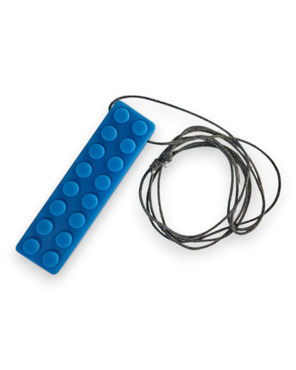 A blue chewable necklace block connected to a black cord, designed to be worn around the neck.