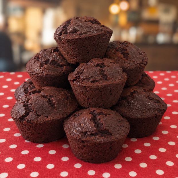 Chocolate_Muffins_pile_on_red_tablecloth