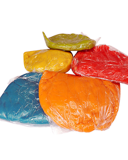 Five colorful packages of play dough in yellow, red, blue, green and orange