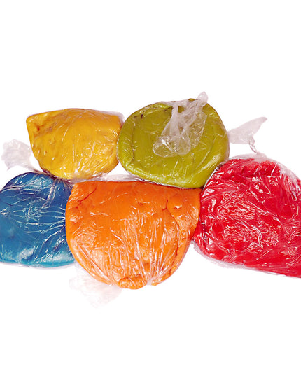 Five colorful packages of play dough in yellow, red, blue, green and orange