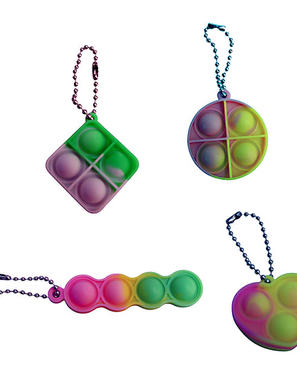 A collection of colorful fidget key rings with various designs, including geometric shapes and a heart shape, with chain attachments.