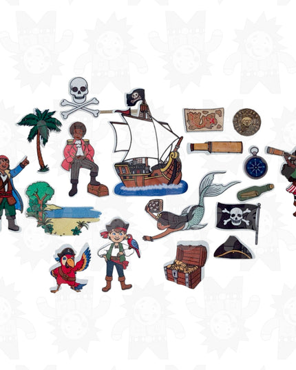 A set of colorful felt pieces depicting various pirate characters, a ship, and accessories.