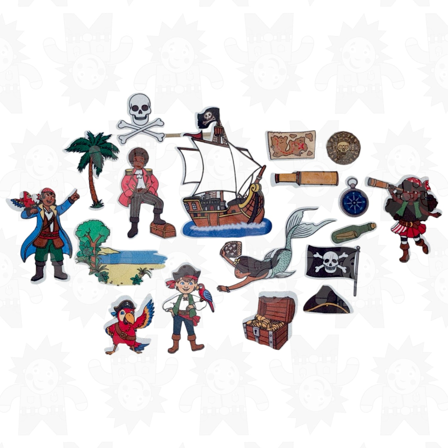 A set of colorful felt pieces depicting various pirate characters, a ship, and accessories.