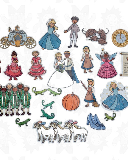 Assorted felt pieces depicting characters and scenes from the Cinderella story, including Cinderella, the Prince, and other characters in colorful costumes and settings.