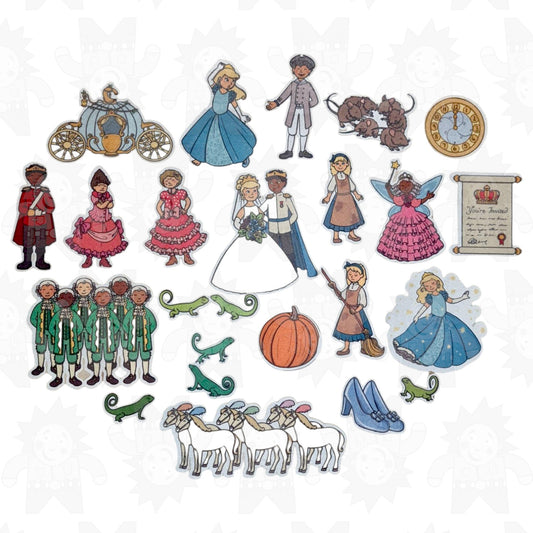 Assorted felt pieces depicting characters and scenes from the Cinderella story, including Cinderella, the Prince, and other characters in colorful costumes and settings.
