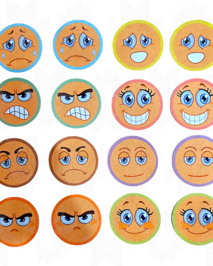 A collection of colorful felt pads designed to represent different emotions, featuring expressions such as sad, angry, happy, and surprised.
