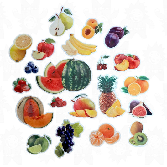 A craft kit with various colorful felt pieces shaped like different fruits.