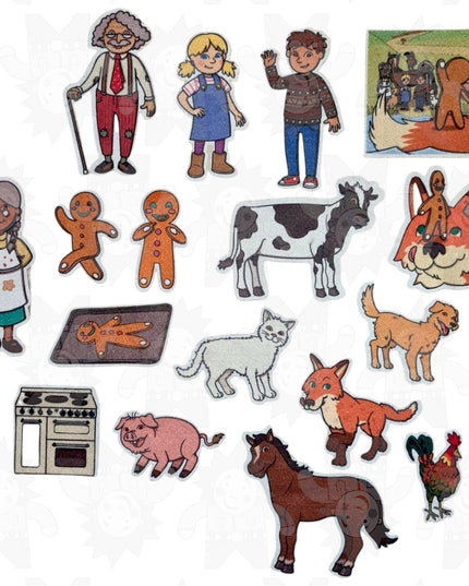 A collection of felt storybook characters including a gingerbread man, a cow, a fox, and others.