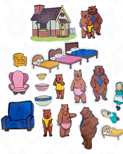 A collection of felt pieces for a story set, including characters from the Goldilocks and the Three Bears tale, furniture, and other items related to the story.
