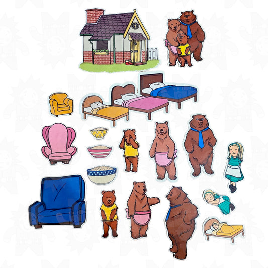 A collection of felt pieces for a story set, including characters from the Goldilocks and the Three Bears tale, furniture, and other items related to the story.