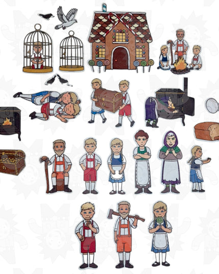 A collection of felt pieces depicting characters and scenes from the Hansel and Gretel story, including the house, forest, and characters in various poses.