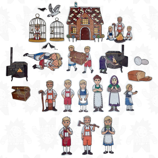 A collection of felt pieces depicting characters and scenes from the Hansel and Gretel story, including the house, forest, and characters in various poses.
