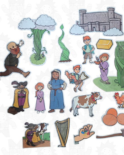 A collection of felt pieces depicting characters and scenes from the fairy tale Jack and the Beanstalk, including Jack, a beanstalk, a castle, and other fairy tale motifs.