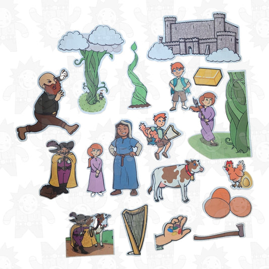 A collection of felt pieces depicting characters and scenes from the fairy tale Jack and the Beanstalk, including Jack, a beanstalk, a castle, and other fairy tale motifs.