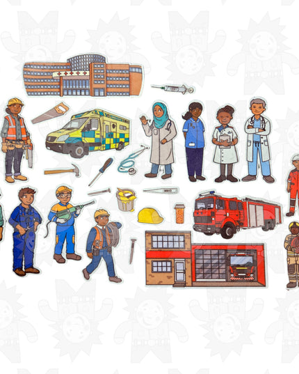 Assorted colorful felt pieces depicting various occupations, including construction workers, medical professionals, and firefighters, along with vehicles like an ambulance and fire truck.