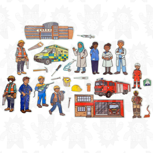 Assorted colorful felt pieces depicting various occupations, including construction workers, medical professionals, and firefighters, along with vehicles like an ambulance and fire truck.