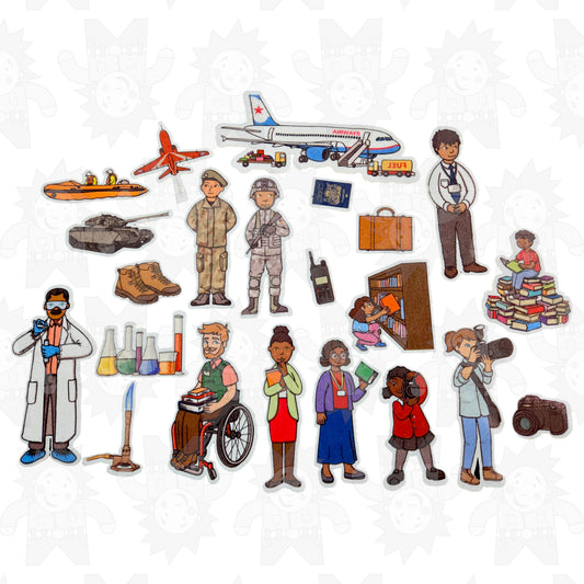 A collection of colorful felt pieces depicting various occupations, including a pilot, a doctor, a police officer, and others engaged in different professional activities.