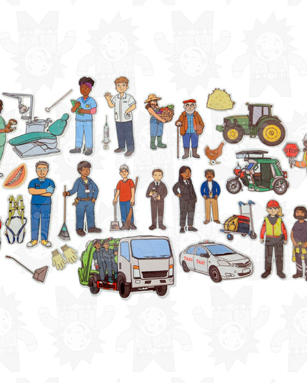 A collection of colorful felt pieces depicting various characters and vehicles suitable for children's play and educational activities.