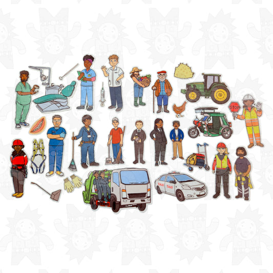 A collection of colorful felt pieces depicting various characters and vehicles suitable for children's play and educational activities.