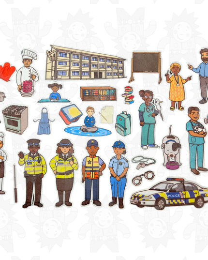 Assorted felt pieces depicting various occupations, including a chef, teacher, police officers, and a doctor, along with props like a chalkboard, medical equipment, and a police car.