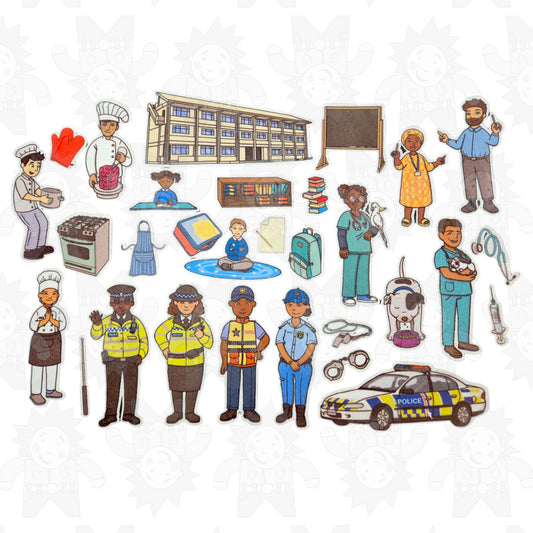 Assorted felt pieces depicting various occupations, including a chef, teacher, police officers, and a doctor, along with props like a chalkboard, medical equipment, and a police car.