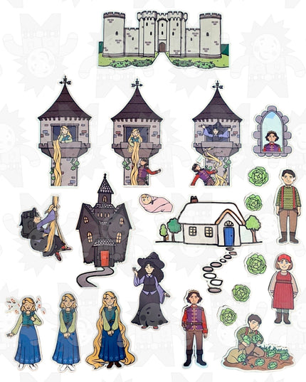 A collection of felt pieces depicting characters and scenes from the Rapunzel fairytale, including castles, towers, and people in motion.