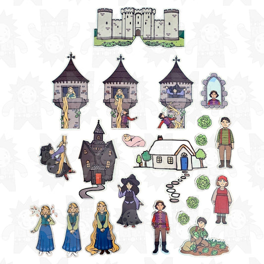 A collection of felt pieces depicting characters and scenes from the Rapunzel fairytale, including castles, towers, and people in motion.