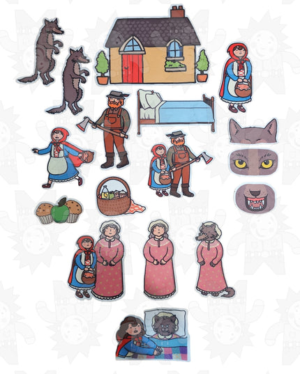 A collection of felt storybook cutouts including characters and a house from the Red Riding Hood story.