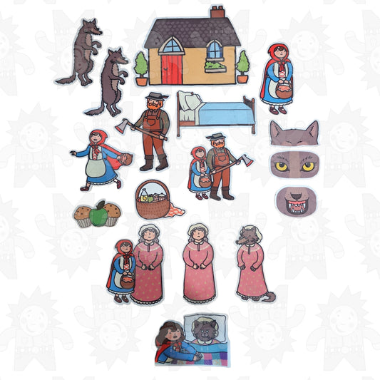 A collection of felt storybook cutouts including characters and a house from the Red Riding Hood story.