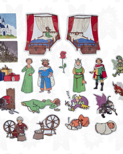 A collection of colorful felt pieces depicting characters and scenes from the fairy tale Sleeping Beauty.