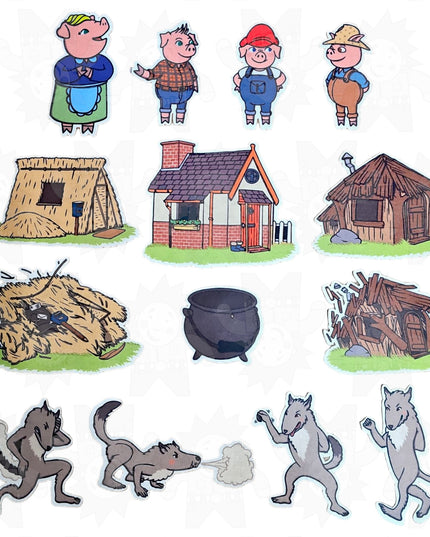 Assorted felt pieces representing characters and scenes from the Three Little Pigs story, including pigs, a wolf, and houses.