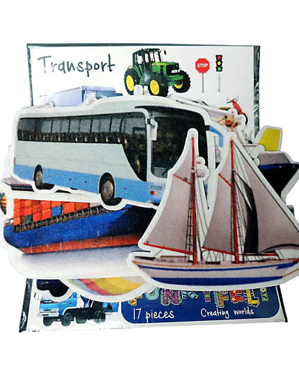 Set of toy vehicles including busses, trucks, and boats