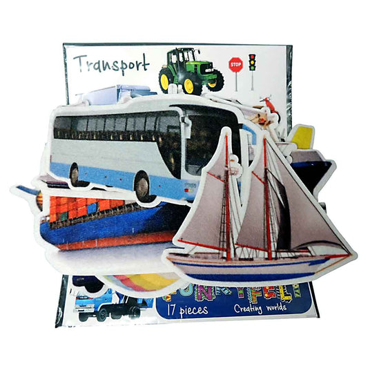 Set of toy vehicles including busses, trucks, and boats