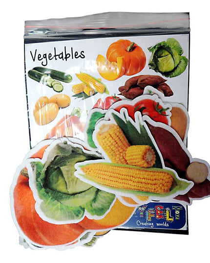 Packaging of colorful vegetable-shaped felt pieces